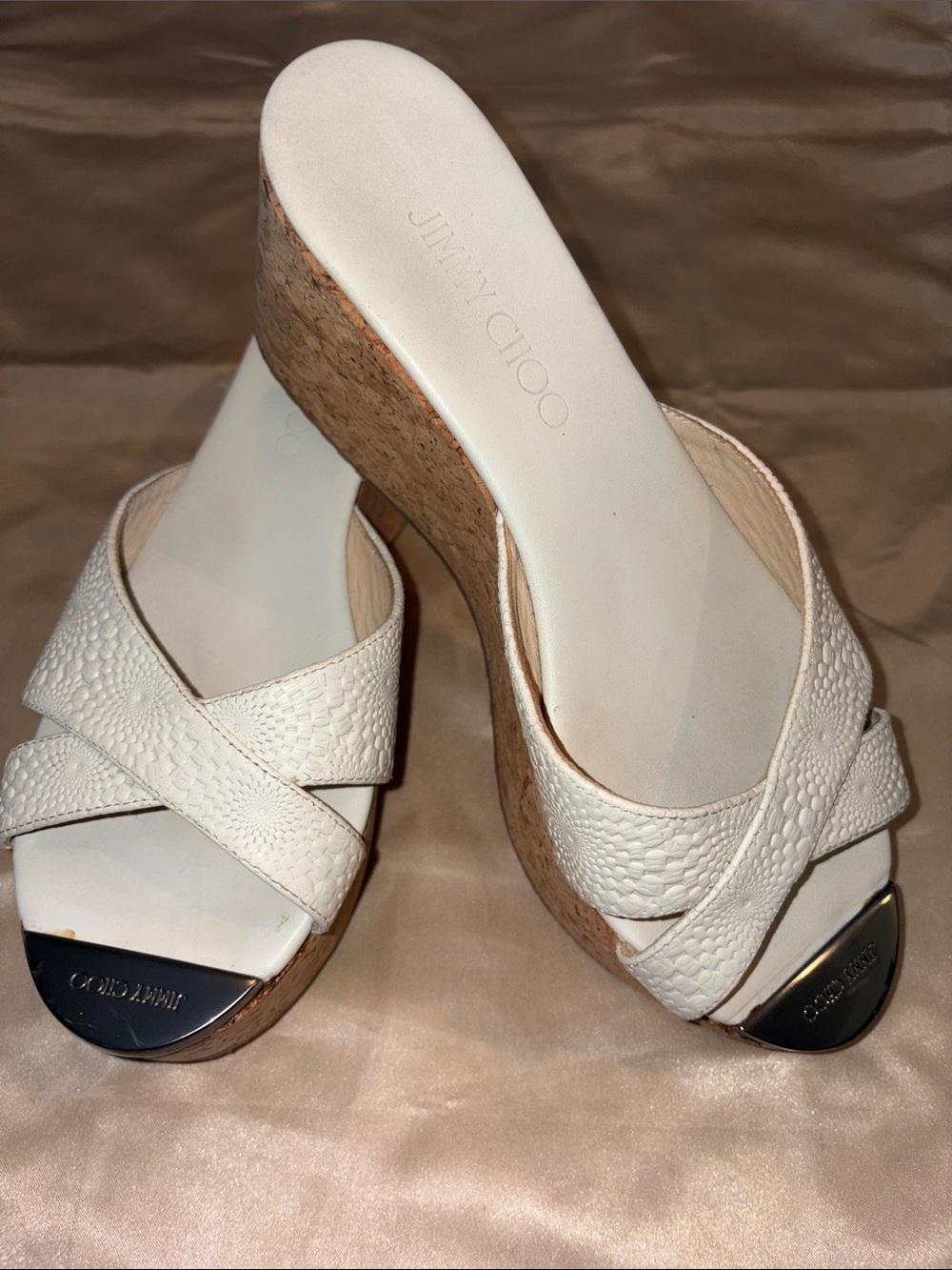 Jimmy Choo Prima White Textured Leather Cork Wedge Sandals 39.5 US 9.5